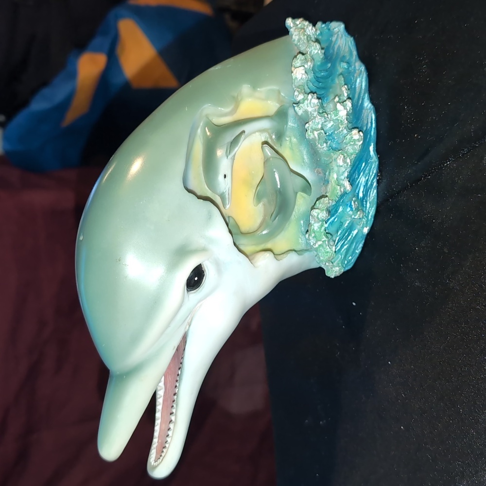 AVAILABLE -Large dolphin head figurine w/2 small dolphins within& Waves crashing